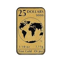 Canada $25 Tenth Ounce Gold Bar .9999 Fine World Map