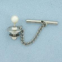 Vintage Cultured Pearl Tie Tack Pin In 14k White Gold