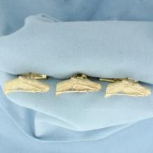 Horse Racing Diamond Cufflinks And Tie Tack Pin Set In 14k Yellow Gold