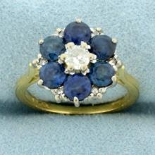 Vintage Sapphire And Diamond Flower Design Ring In 18k Yellow Gold