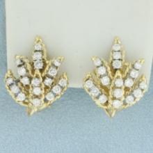 Diamond Leaf Design Clip On Earrings In 18k Yellow Gold