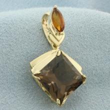 Smoky Topaz And Spessartite Garnet Dangle Pendant Slide In 14k Yellow Gold