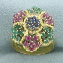 Italian Sapphire Ruby And Emerald Flower Ring In 18k Yellow Gold