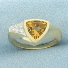 Bezel Trillion Citrine And Diamond Ring In 14k Yellow Gold