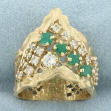 Emerald And Diamond Woven Design Ring In 14k Yellow Gold