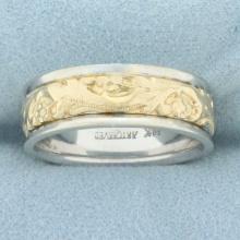 Mens Nature Design Wedding Band Ring In 14k Yellow And White Gold