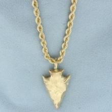 Large Arrowhead Pendant On Rope Chain Necklace In 14k Yellow Gold