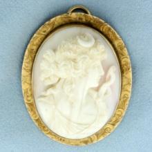 Large Vintage Carved Shell Cameo Pendant In 10k Yellow Gold