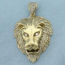 Large Mens Diamond Lion Pendant In 10k Yellow Gold