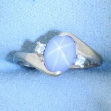 Star Sapphire And Diamond Ring In 10k White Gold