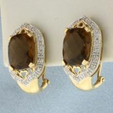 Checkerboard Cut Citrine And Diamond Earrings In 14k Yellow Gold