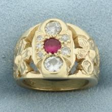 Antique Old European Diamond And Ruby Flower Ring In 14k Yellow Gold