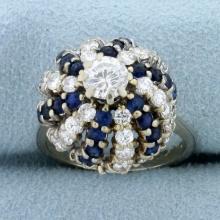 Vintage Cactus Design 2 1/2ct Tw Diamond And Sapphire Ring In 14k White Gold