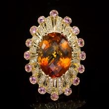 14K Gold 15.34ct Citrine, 0.90ct Pink Sapphire 1.10ct Diamond Ring