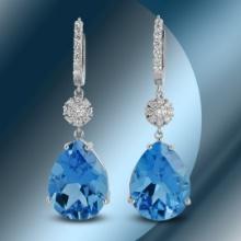 14K Gold 36.35 Blue Topaz & 1.30cts Diamond Earrings