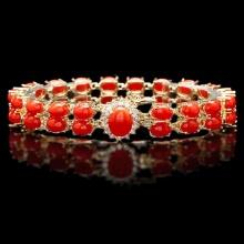 14k Gold 27ct Coral 0.70ct Diamond Bracelet