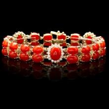 14k Gold 35ct Coral 1.70ct Diamond Bracelet