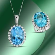 14K Gold Blue Topaz & Diamond Ring and Pendant Set