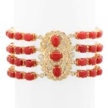 14K Gold 39.10ct Coral 1.05cts Diamond Bracelet