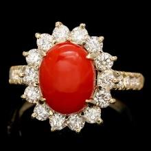 14k Yellow Gold 2.50ct Coral 1.20ct Diamond Ring