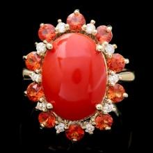 14k Yellow Gold 5.00ct Coral 0.35ct Diamond Ring