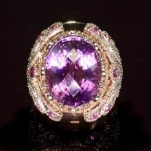 14K Gold 16.5ct Amethyst, 1.10ct Fancy Color Sapphire 1.25ct Diamond Ring