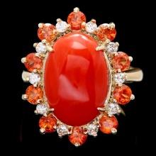 14k Yellow Gold 6.50ct Coral 0.40ct Diamond Ring