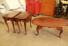 Cherry Coffee Table with 2 Drop Leaf End Tables