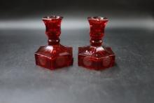 Pair of Fenton Ruby Coin Dot Candlesticks