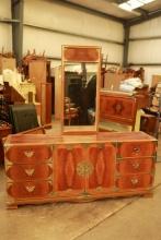 Asian Style Dresser with Mirror & Ornate Brass Accents