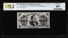 1863 Third Issue 25 Cents Fractional Currency Note Fr.1294 PCGS Choice Unc 64