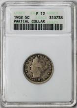 1902 Liberty V Nickel Coin Partial Collar Error ANACS F12