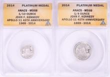 Set of 2014 Proof 1/10 & 1/4 oz Platinum JFK Apollo 11 Anniversary Medals ANACS MS68