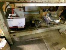 Contents Under Wooden Work Bench - Squares, Crate of Hardware, Bag of Hardw