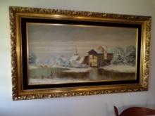 59'' x 34'' Winter River Painted Picture w/Ornate Frame, Painted In Maine