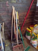 Group Of Hand Tools, Hay Rake, Pitch Fork, Scoop Shovels, Hoe, Spear Head S