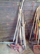 Group Of Hand Tools, Stone Rake, Round Shovel, Digging Bar, Pick Axe, Flat