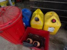 (2) 5 Gallon Diesel Jugs and (1) 5 Gallon Kerosene Jug and Red Garbage Can