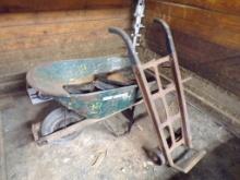 True Temper Wheel Barrow, Antique Barrel Hand Truck and (2) Large Scissor J