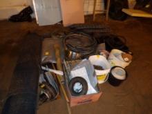 Group fo Misc Items-Chain, Tarp, Water Hose, Leaf Rake, Spring, 4 Wheel Mov