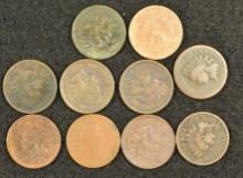 (10) 1874 Indian cents.