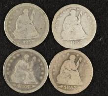 1853 Arrows & Rays, 1854 Arrows, 1856 & 1857 Silver Seated Liberty quarters (4 pieces total).