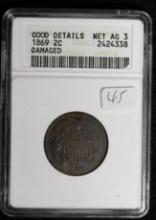 1869 two cent, ANACS Good Details, Damaged, Net AG-3. 1953S Silver Franklin half dollar, NGC MS-65