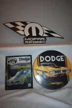 3 items; Super Bee framed print, metal Mopar sign, metal round Dodge sign.