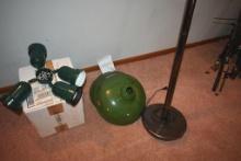 4 items; Green Light Fixture with Parts, 2 Metal Light Shades and Tall Floor Lamp