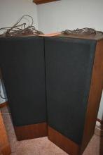 2 Realistic Speakers In wood stand, 12 inches X 12 inches X 36 inches tall