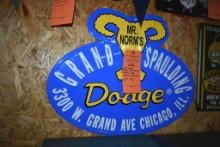 Mr Norm's Grand Spaulding Dodge sign yellow, white, blue 18-in x23