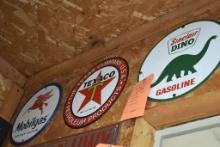 Three Round Signs. Sinclair Dino Gasoline, Texaco, Mobil gas.