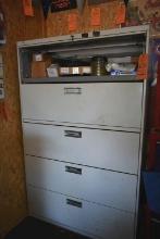 Gray Metal File Cabinet with drawers and one door with key includes contents.