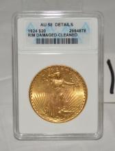 ANACS Graded 1924 $20 Gold Coin Standing Liberty AU 58 Cleaned